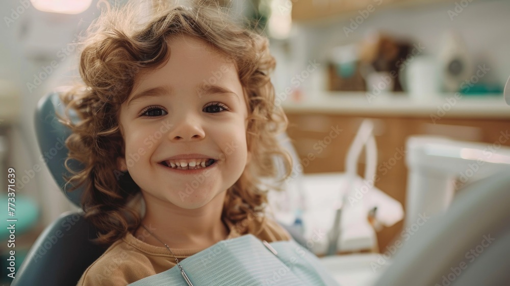 Cute little girl sitting in dentist chair, giving high five to female doctor and laughing. Dental care, trust and patient care. Children's dentistry