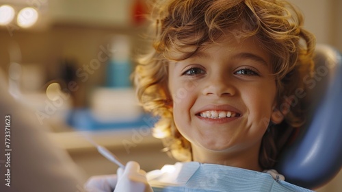 Cute little girl sitting in dentist chair, giving high five to female doctor and laughing. Dental care, trust and patient care. Children's dentistry photo