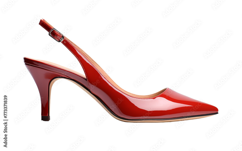 A luxurious red high heeled shoe adorned with a gleaming metal buckle A luxurious red high heeled shoe adorned with a gleaming metal buckle
