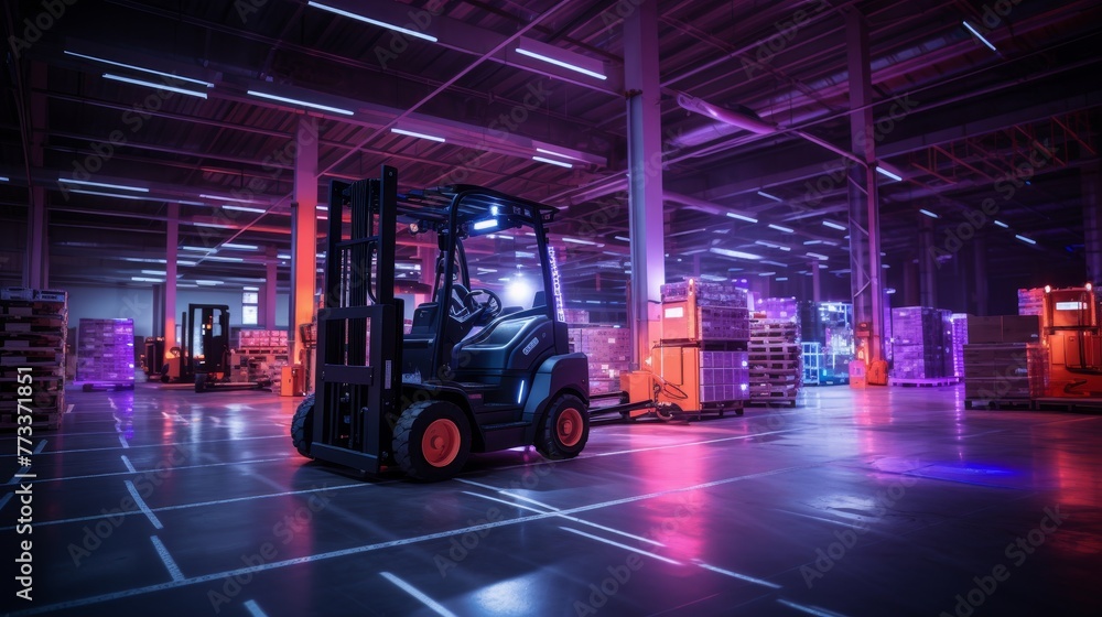 Solitary forklift in a high-ceiling warehouse