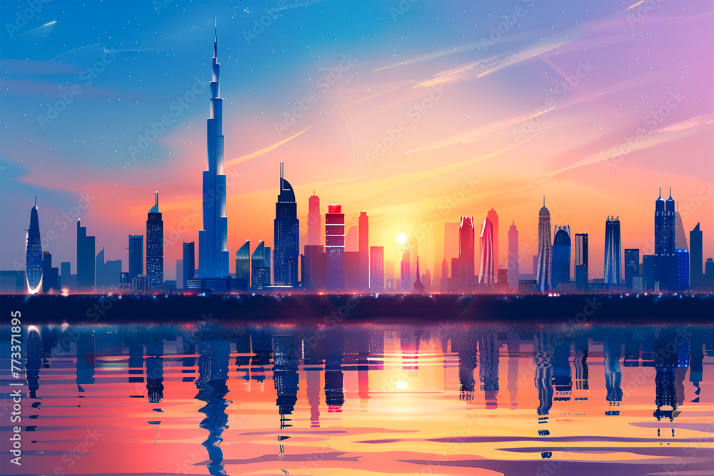 A gradient vector skyline illustration of Dubai City, UAE. Beautiful sunset landscape.