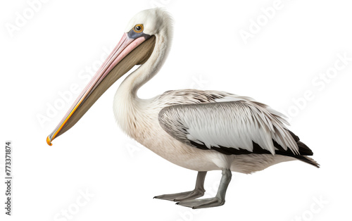 A majestic white pelican with a long beak standing gracefully at the edge of a serene lake