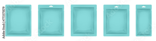 Light Blue paper sachet or pouch. Vector bags mockup, wet wipes paper or foil packs. Cosmetics samples. Moisturizing sheet face mask