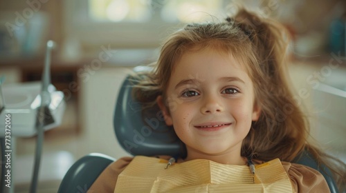 Cute little girl sitting in dentist chair, giving high five to female doctor and laughing. Dental care, trust and patient care. Children's dentistry