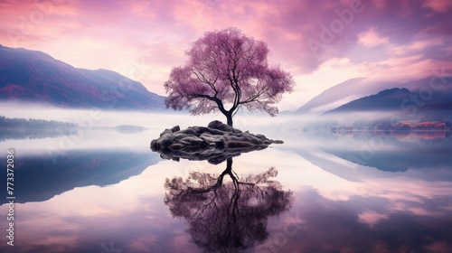 Purpel Tree or Lavender tree stands on a misty islet photo