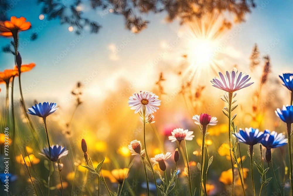 Spring floral background. Summer flowers background with sun light.