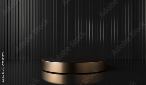Black background with a golden cylindrical podium, minimal mockup design for a product presentation scene Generative AI