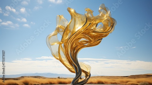 Swirling golden liquid sculpture against a cloudy white sky