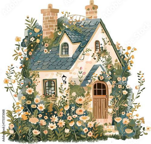 House vector cottage vintage flowers Illustration Portrait