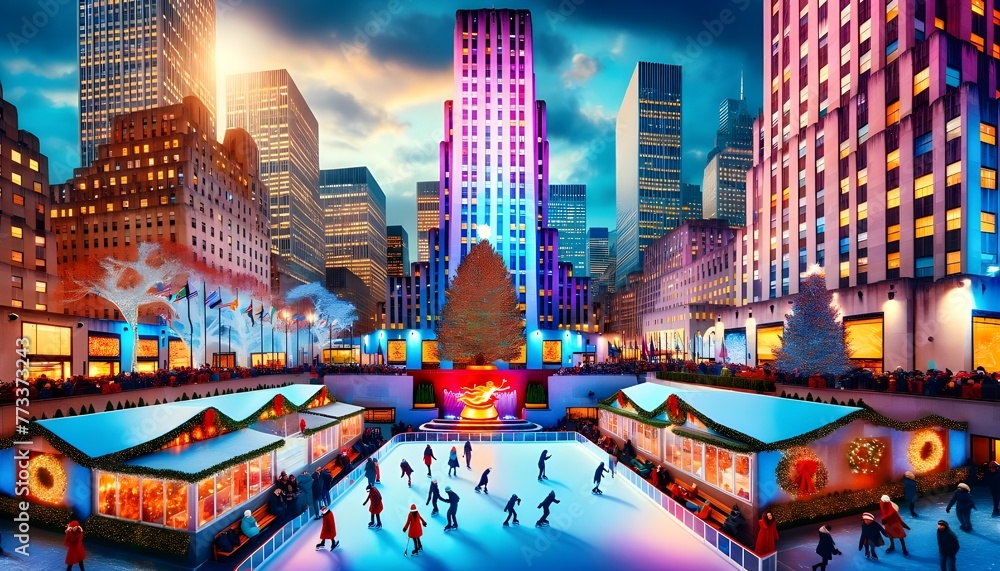 Obraz premium Rockefeller Center's Christmas Scene with Ice Skating in NYC