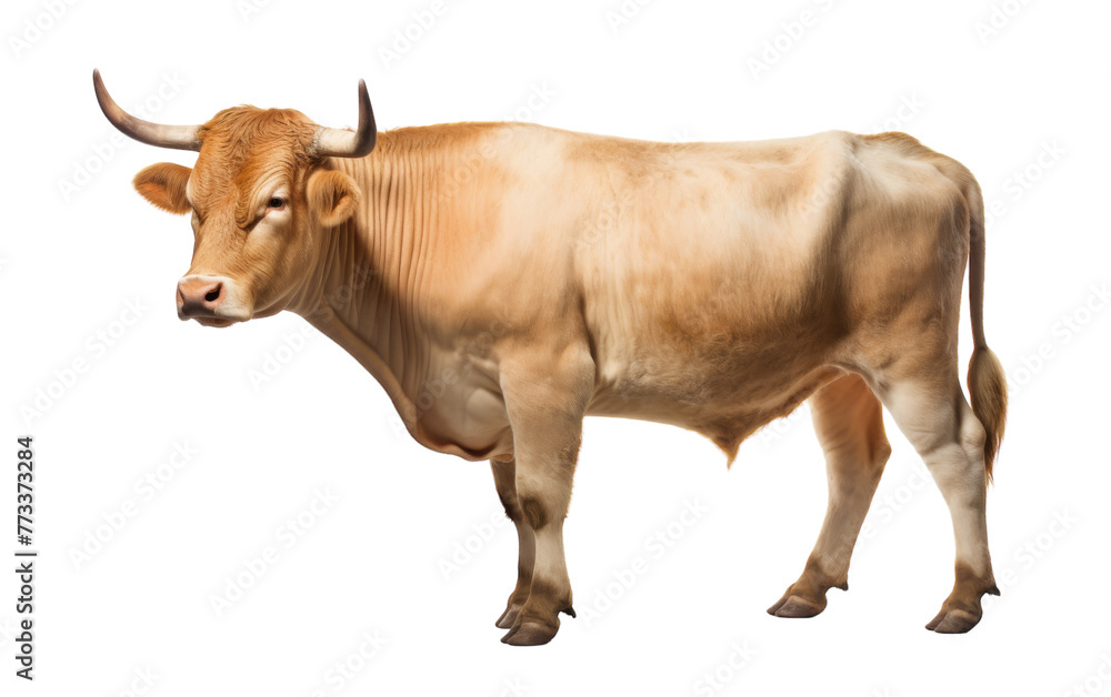 A brown cow gracefully stands on a pristine white floor