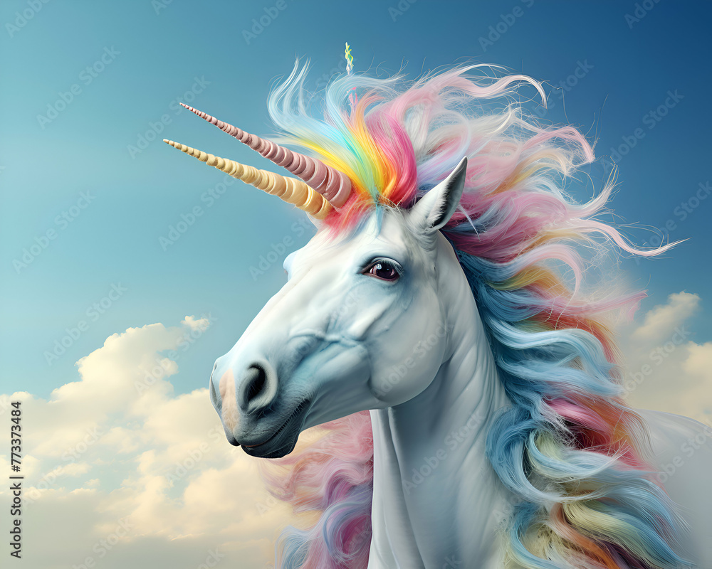 Unicorn with rainbow mane on blue sky background. 3d rendering
