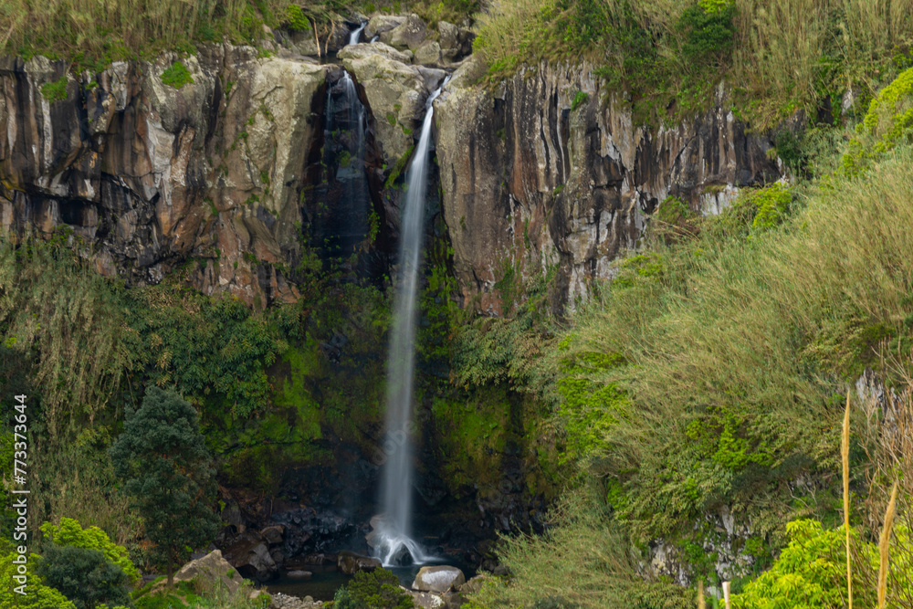 Salto da Farinha waterfall falling from rocks in lush green rainforest vegetation, Sao Miguel island, Azores, Portugal