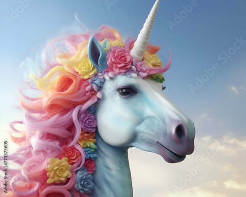 Unicorn with pink hair on blue sky background. 3d illustration