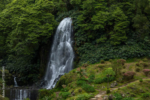 Veu da Noiva (Brides Veil) Waterfall in Ribeira dos Caldeiroes, Nordeste, Sao Miguel island, Azores, Portugal