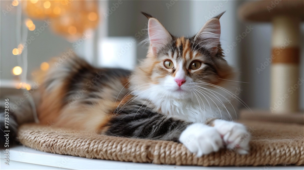 A beautiful fluffy tricolor cat lies and looks at the camera. High quality photo