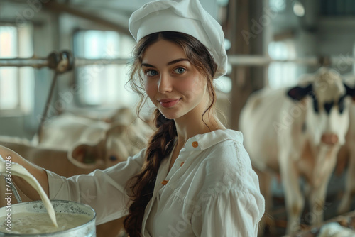 Milk products. A young girl milkmaid pours freshly milked milk into a bucket on a cow farm.