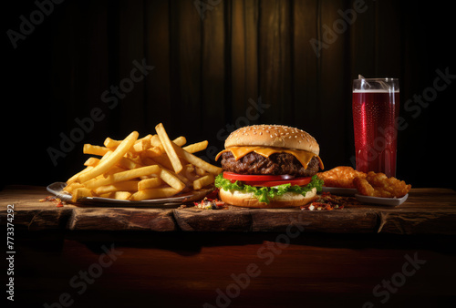 Hamburger with french fries and drink on dark blackbackground studio, on wooden plate, tabletop. photo