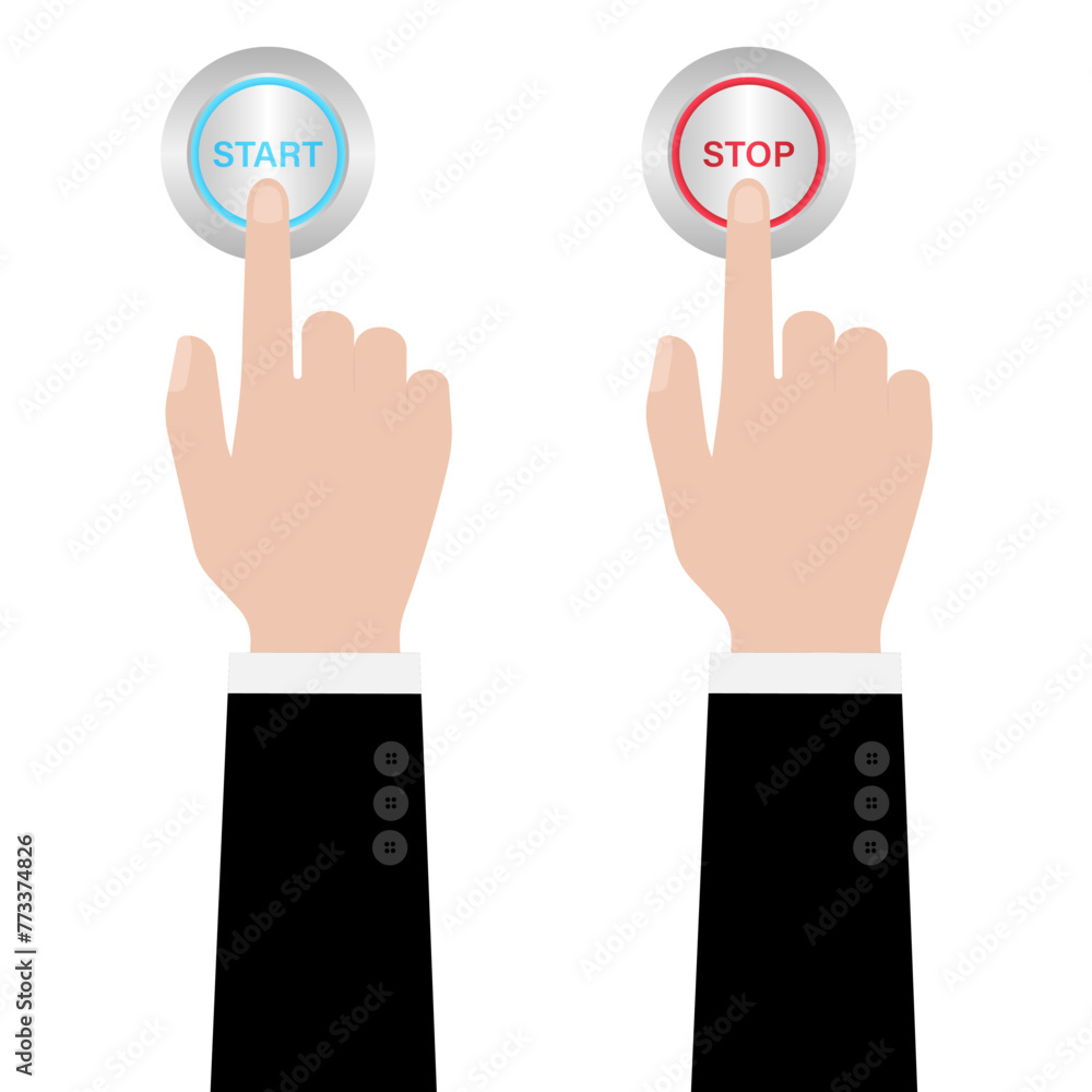 Fototapeta premium Hand Pressing Start and Stop Button. Hand Click. Vector Illustration Isolated on White Background. 
