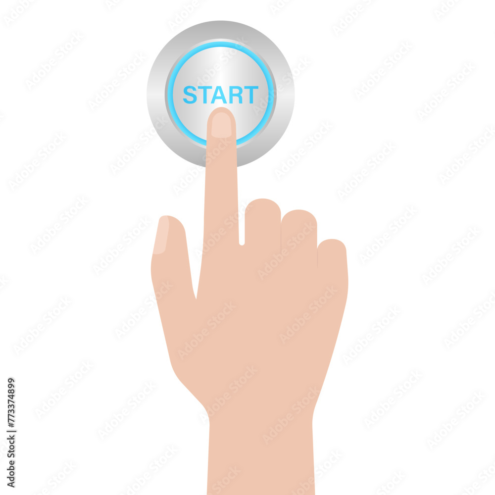 Hand Pressing Start Button. Hand Click. Vector Illustration Isolated on White Background. Hand Pressing Start Button. Hand Click. Vector Illustration Isolated on White Background.