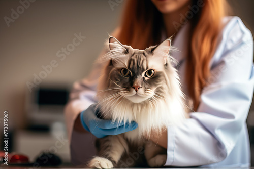 Cat is examined by veterinarian in veterinary office photo
