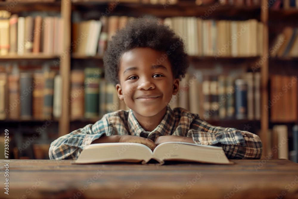 Black boy is sitting behind the wooden table and library with books on background Black boy is sitting behind the wooden table and library with books on background