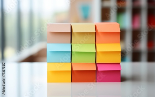 A stack of colorful sticky notes on a table
