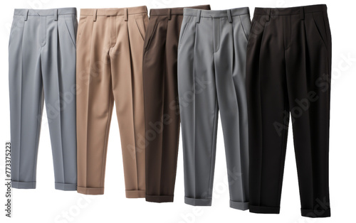 A line of mens dress pants neatly arranged on a white background