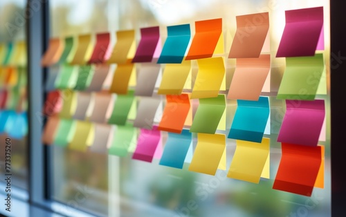 Colorful sticky notes adorn a window, bringing vibrancy and creativity to the space