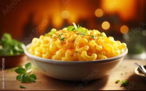 A bowl of macaroni and cheese sitting on a wooden table