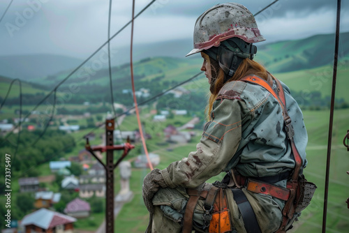 A girl electrician in a hard hat on a power transmission tower at a high altitude repairs broken wires.