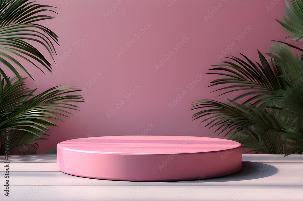 Vibrant pink podium product abstract overlay of sun light and shadow leaves - Ai Generated Vibrant pink podium product abstract overlay of sun light and shadow leaves - Ai Generated