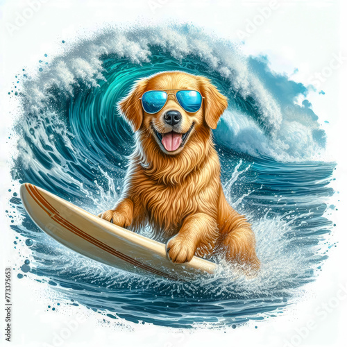 A dog surfer is engaged in water sports on a board for swimming on the sea waves. © andov