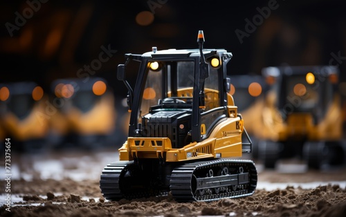 A toy bulldozer triumphantly perched on top of a rugged dirt field