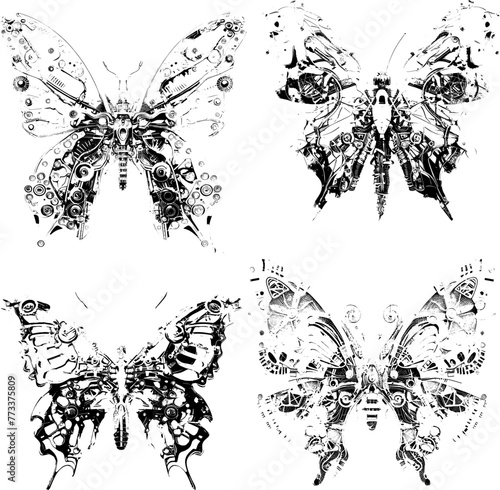 butterfly in the style of abstractionism. vector print, stamp. black and white image.