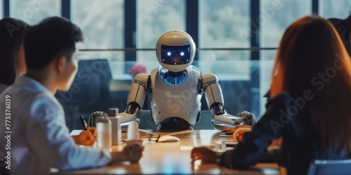 A robot leads a meeting with attentive business professionals, demonstrating the integration of AI in modern corporate strategy discussions. AIG41