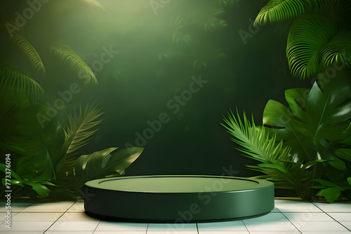 Vibrant green podium product abstract overlay of sun light and shadow leaves - Ai Generated