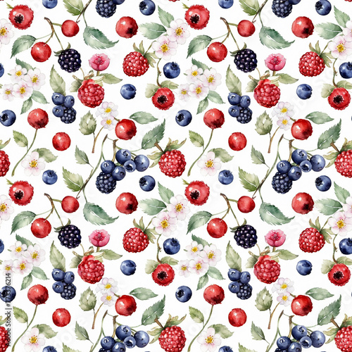 Seamless floral pattern with fruits, berries and flowers