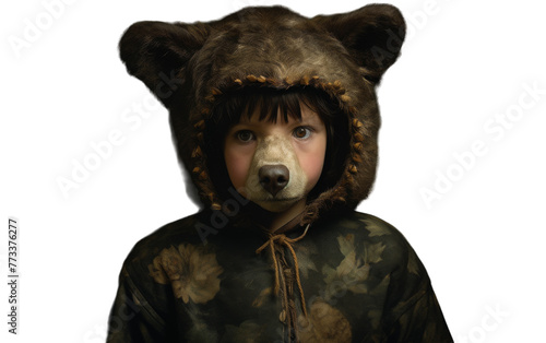 A young child joyfully plays dress-up in a fuzzy bear costume