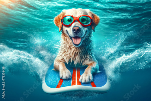 A dog surfer is engaged in water sports on a board for swimming on the sea waves. © andov