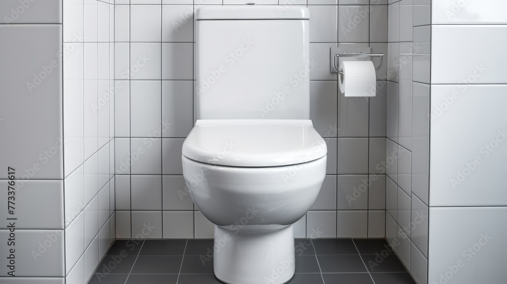 Toilet in a bright, immaculately kept bathroom with white ceramic tiles Toilet in a bright, immaculately kept bathroom with white ceramic tiles