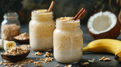 Fresh healthy drink banana and coconut fruit smoothies in jars ready to serving. AI generated