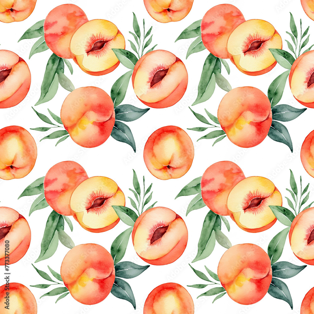 Seamless floral pattern with peach fruits on a white background Seamless floral pattern with peach fruits on a white background