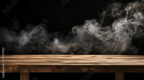 Empty room with wooden table with smoke floats up on a dark background. AI generated image