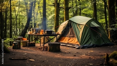 Tourist tent in forest camp