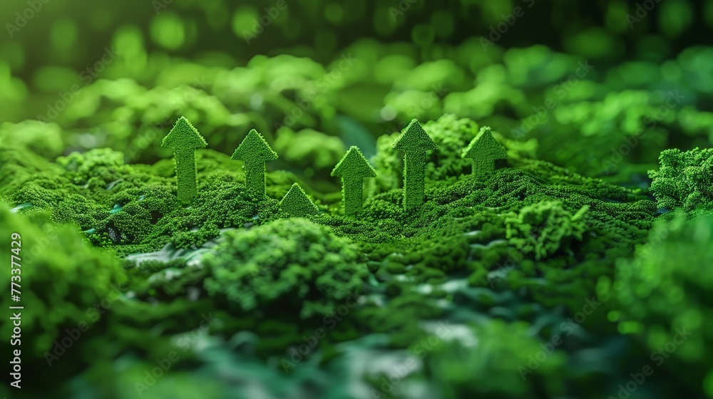 Green bar graph on background with foliage and vegetation, green arrows Green bar graph on background with foliage and vegetation, green arrows
