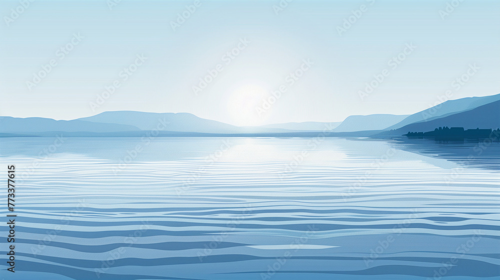 Vector art illustration of a crystal clear lake with smooth gradients conveying the calm of the water in a minimalist design