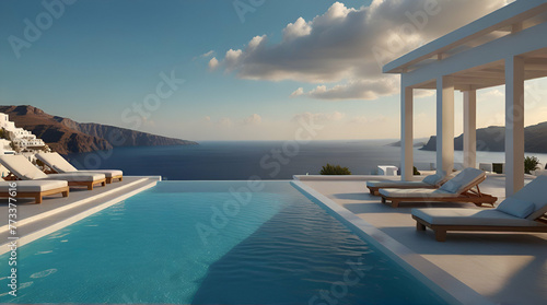 luxury swimming pool in santorini 3d rendering .Generative AI photo