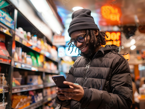 Young african american man at a bodega on his cellphone
