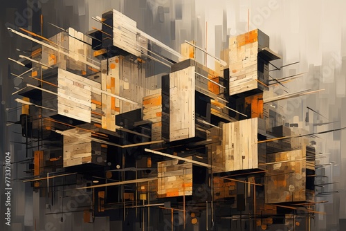 Abstract interpretation of a building construction, 3D building drawings, tower cranes and building construction environment, Abstract interpretation of a building construction, Ai generated